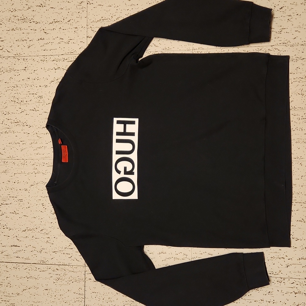 Hugo Boss Black Backwards Spellout Pullover Crewneck Sweater with White Logo